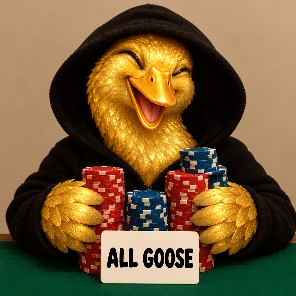 Laughing golden All Goose character wearing a black hoodie behind stacks of red and blue poker chips